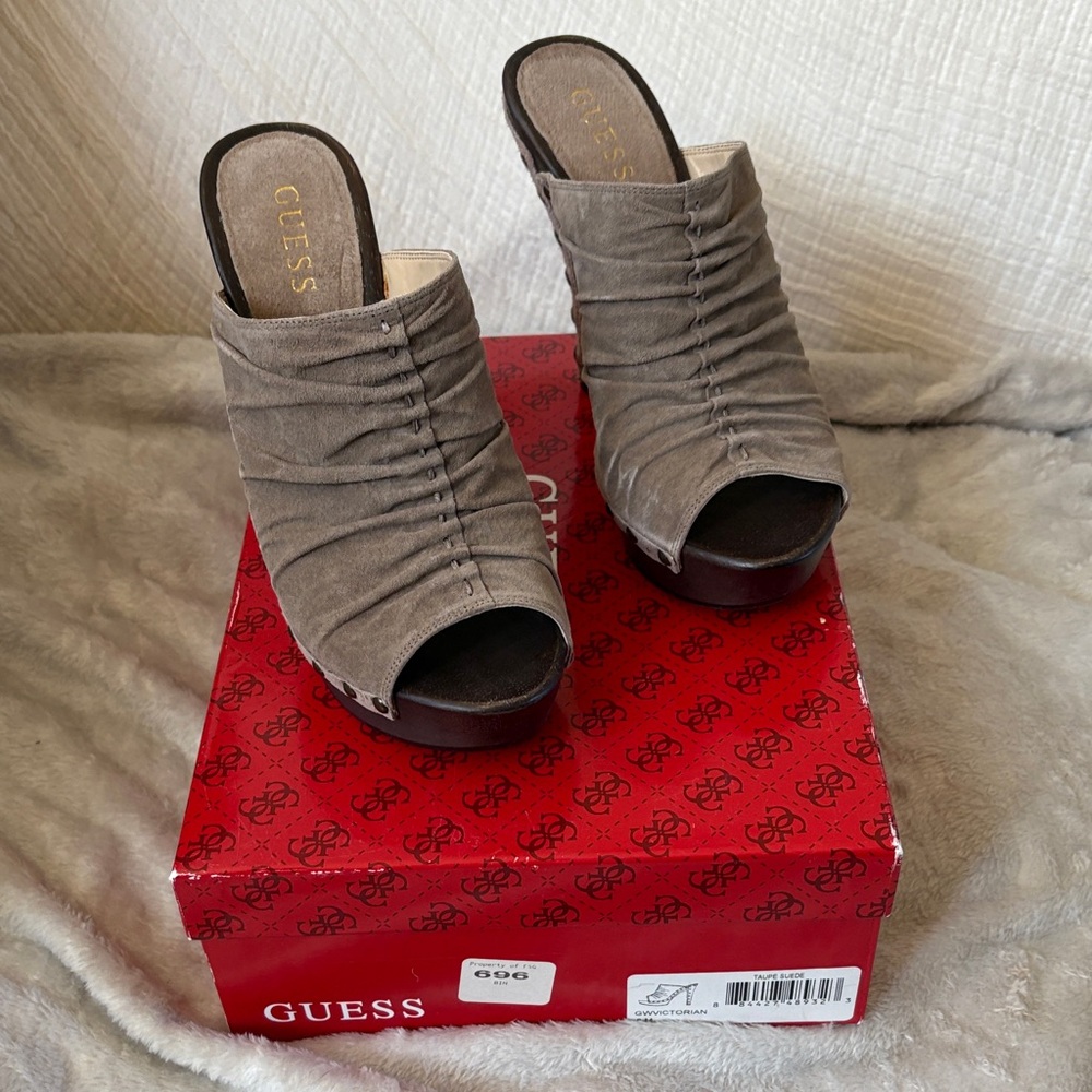 Guess Women's Taupe Ruched Peep Toe Mules